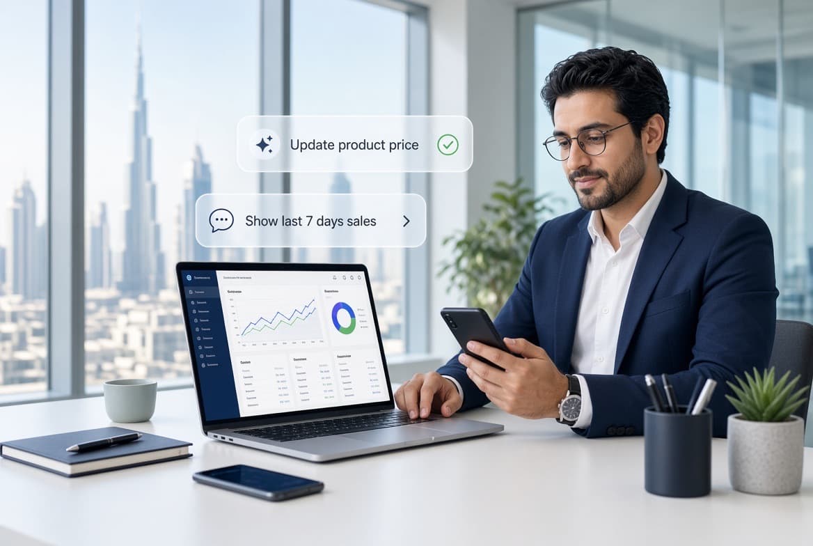 Professional using AI to control website, app and sales dashboard